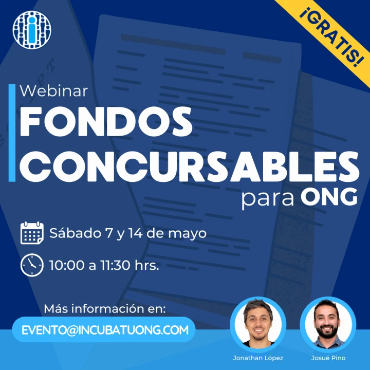 Afiche del webinar Fondos concursables para ONG, 7 y 14 de mayo, 10:00 horas.